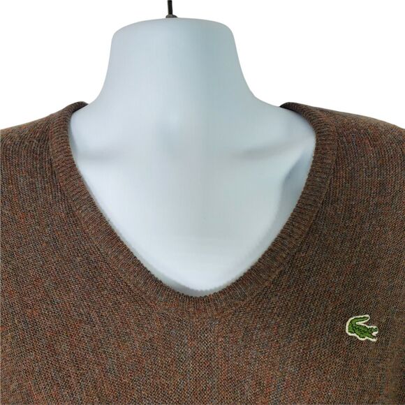 Izod Lacoste Mens Large Sweater Brown Pullover V Neck Retro 80s 1980s Vintage - Picture 2 of 8